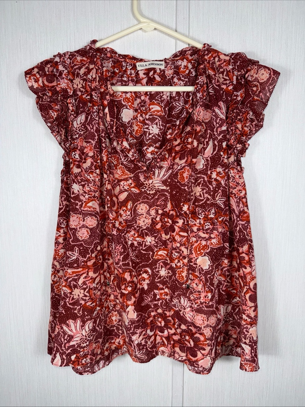 Ulla Johnson Lightweight Burgundy and Pink Floral V-Neck Ruffle Sleeve Top